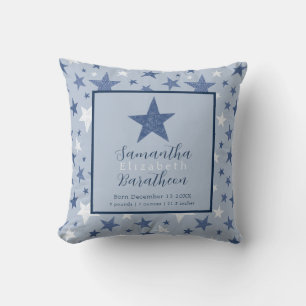 Blue Winter Stars Personalised Baby Birth Stat Cushion