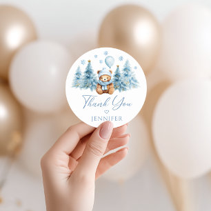Blue Winter Teddy Bear Baby Boy Shower Thank You Classic Round Sticker