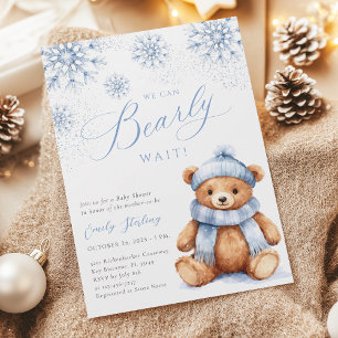 Blue Winter Teddy Bear Baby Shower Invitation