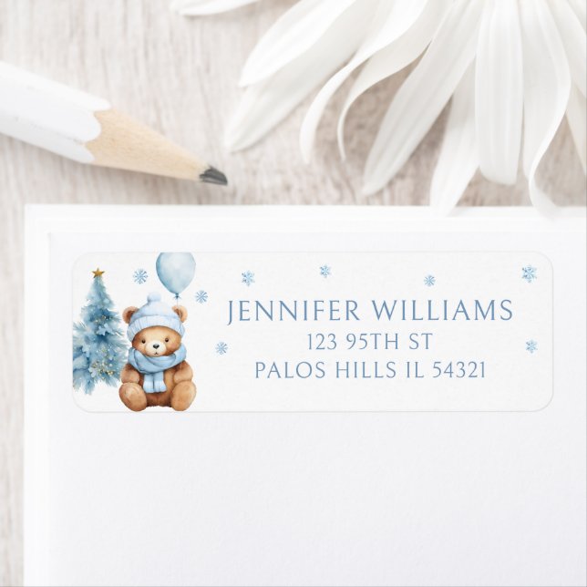 Blue Winter Teddy Bear Baby Shower Return Address Label (Insitu)