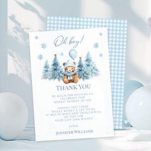 Blue Winter Teddy Bear Pine Trees Baby Boy Shower Thank You Card