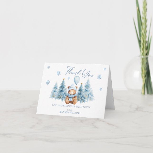 Blue Winter Teddy Bear Snowflakes Baby Boy Shower Thank You Card (Front)