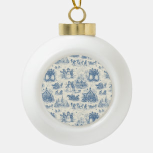 Blue Winter Toile Chinoiserie Ceramic Ball Christmas Ornament