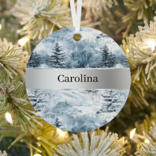 Blue Winter Trees Snow Silver Ribbon Christmas Metal Tree Decoration