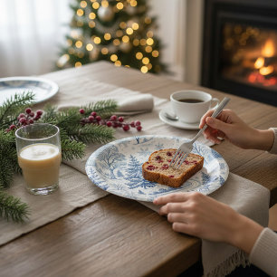 Blue Winter Village Christmas Toile Paper Plate