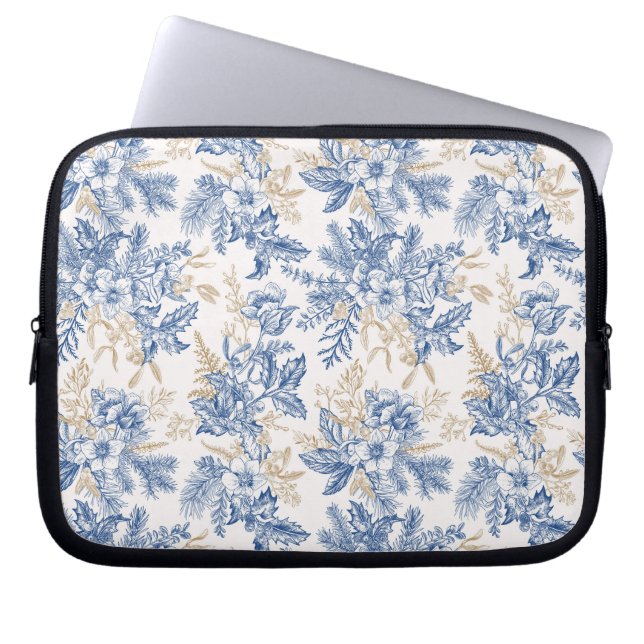 Blue Winter Vintage Flower Pattern Laptop Sleeve (Front)
