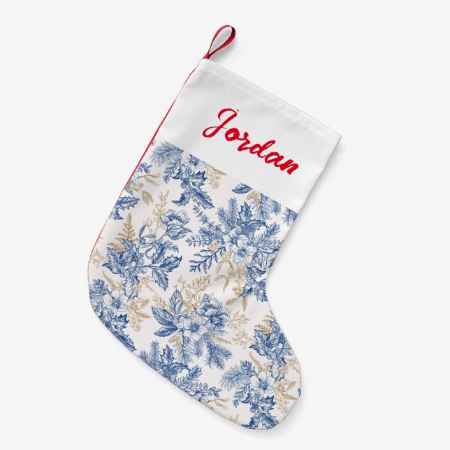Blue Winter Vintage Flower Pattern Small Christmas Stocking (Front (Hanging))