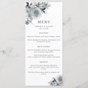 Blue Winter Watercolor Flowers Wedding Menu