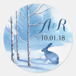 Blue Winter Winter Trees Monogram Wedding Classic Round Sticker