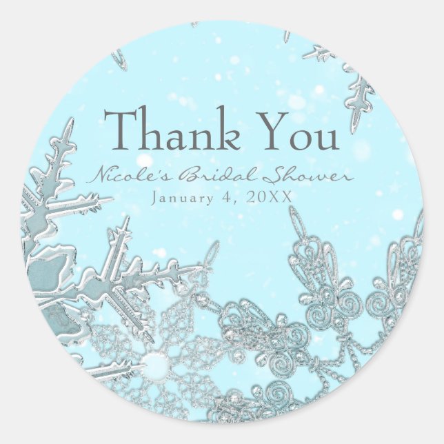 Blue Winter Wonderland Elegant Snowflakes Wedding Classic Round Sticker (Front)