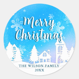 Blue Winter Wonderland Merry Christmas Classic Round Sticker