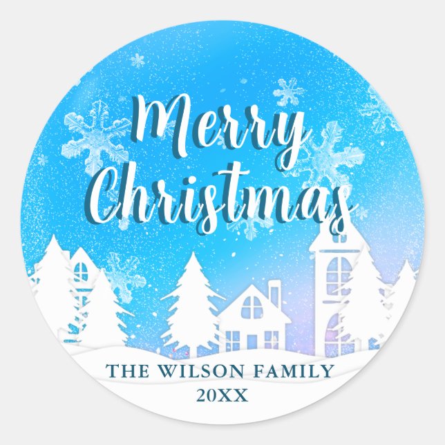 Blue Winter Wonderland Merry Christmas Classic Round Sticker (Front)