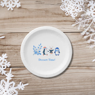 Blue winter wonderland penguins polar bear dessert paper plate