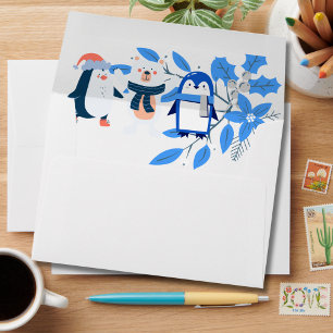 Blue winter wonderland penguins polar bear envelope
