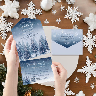Blue Winter Wonderland Pine Christmas Wedding  All In One Invitation
