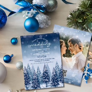 Blue Winter Wonderland Pine Christmas Wedding Invitation