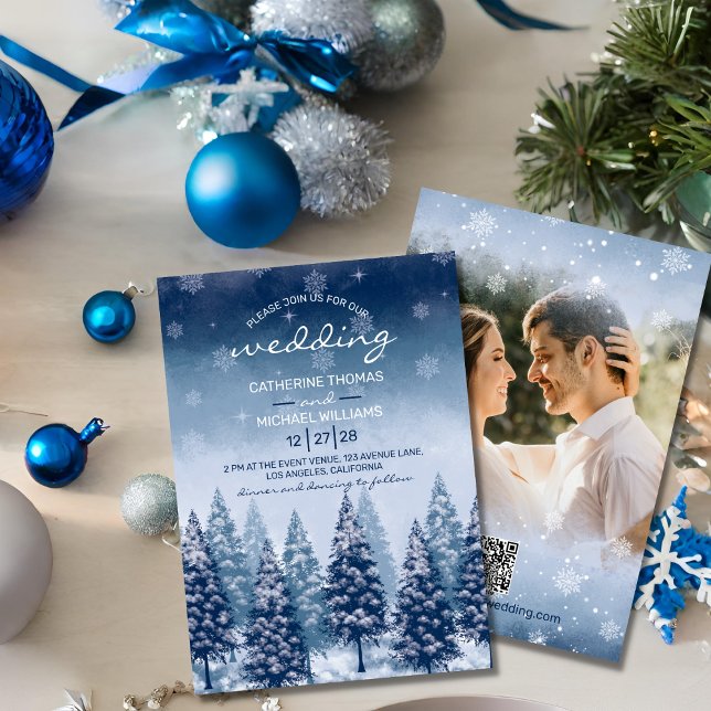 Blue Winter Wonderland Pine Christmas Wedding  Invitation (Creator Uploaded)