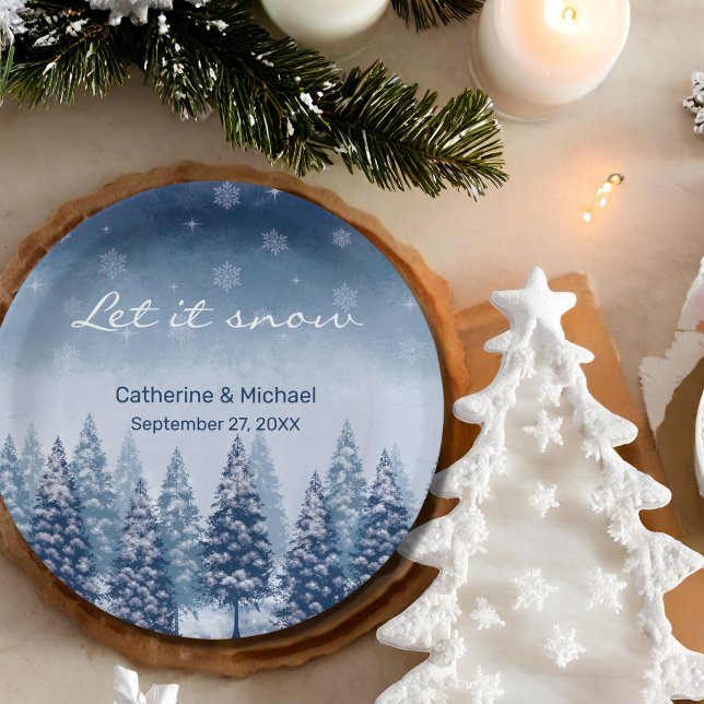 Blue Winter Wonderland Pine Christmas Wedding  Paper Plate (Creator Uploaded)