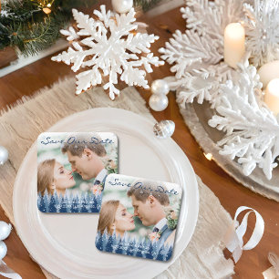 Blue Winter Wonderland Pine Christmas Wedding Square Paper Coaster