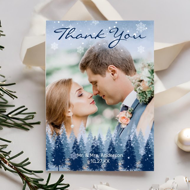 Blue Winter Wonderland Pine Christmas Wedding Thank You Card (Creator Uploaded)