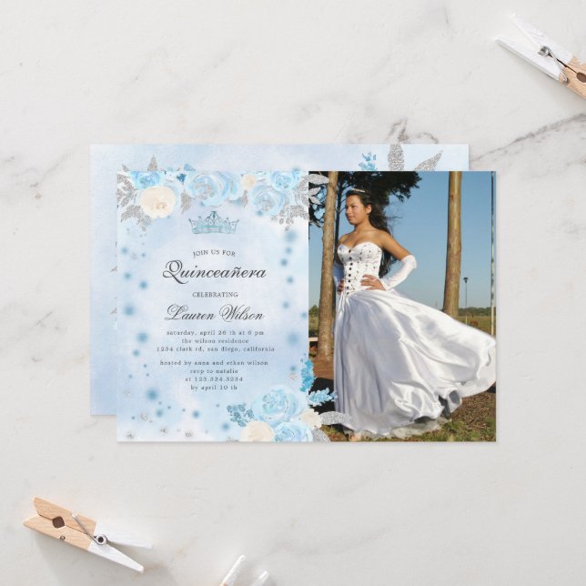 Blue Winter Wonderland Quinceanera Invitation (Front/Back In Situ)