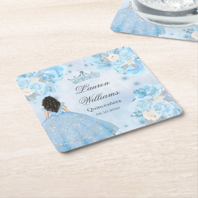 Blue Winter Wonderland Quinceanera Party  Square Paper Coaster (Angled)