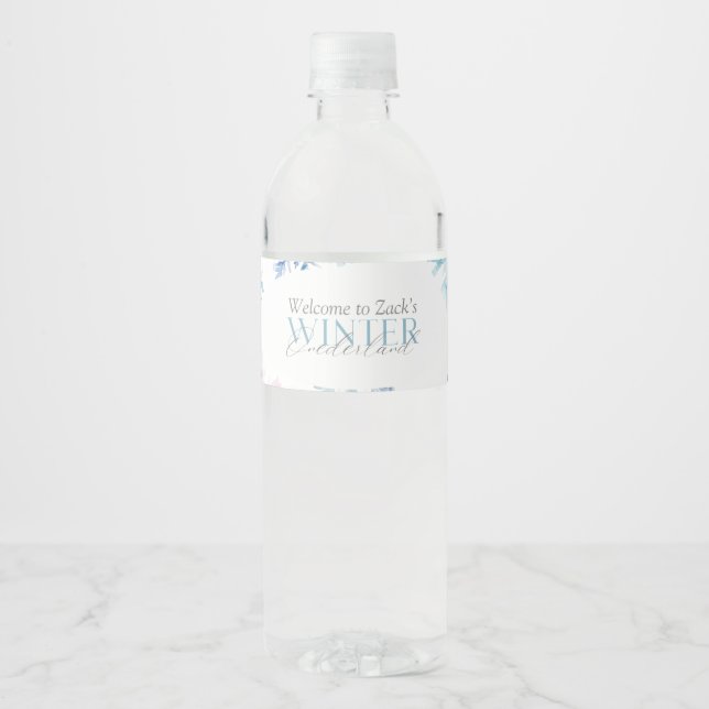 Blue Winter Wonderland Snowflake First Birthday Water Bottle Label (Front)