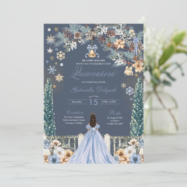 Blue Winter Wonderland Snowflake Quinceanera Invitation (Standing Front)