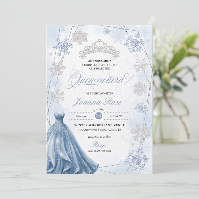 Blue Winter Wonderland Snowflake Quinceanera Invitation (Standing Front)