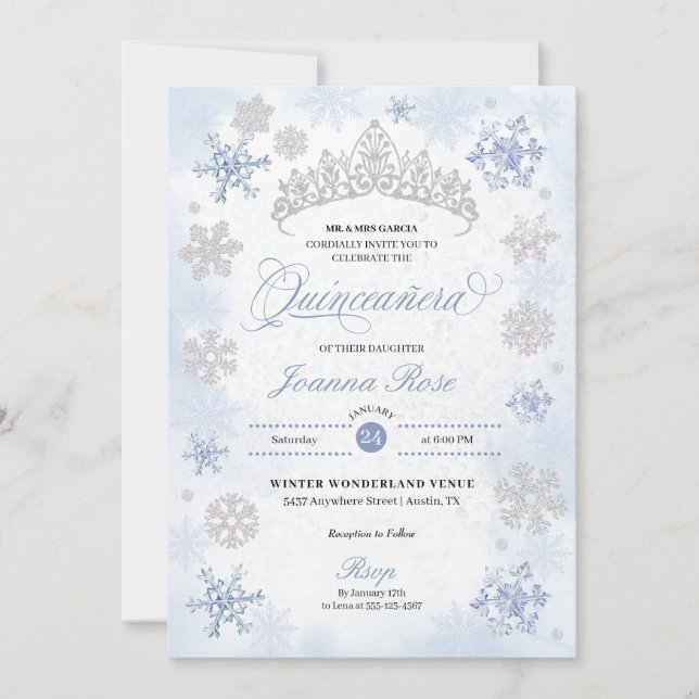 Blue Winter Wonderland Snowflake Quinceanera Invitation (Front)