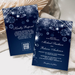 Blue Winter Wonderland Snowflakes QR Code Wedding Invitation