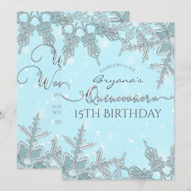 Blue Winter Wonderland Snowflakes Quiceañera Invitation (Front/Back)