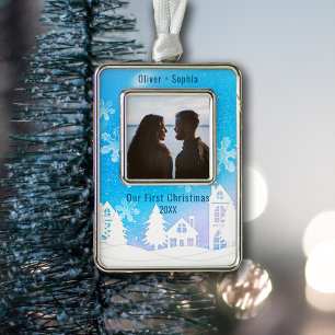 Blue Winter Wonderland Snowy Houses Photo Silver Plated Framed Ornament