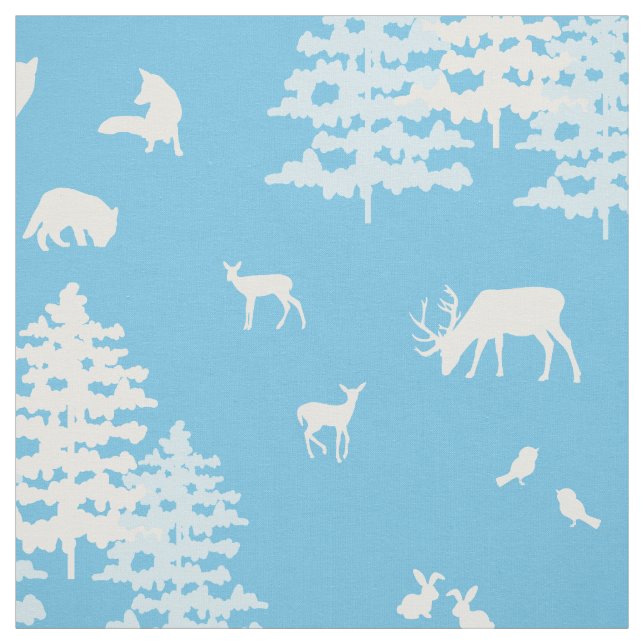 Blue Winter Woodland Animals Deer Fox Bear Fabric (Swatch)