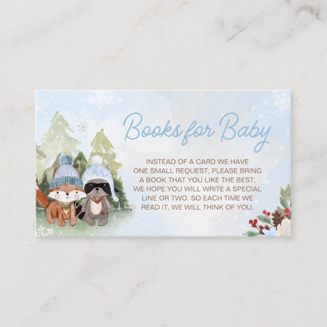 Blue Winter Woodland Baby Shower Books for Baby Enclosure Card (Front)