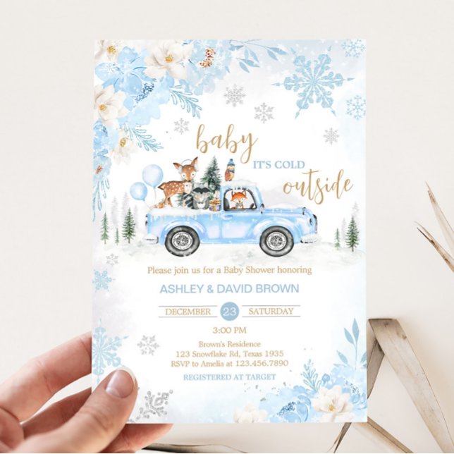 Blue Winter Woodland Truck Baby Shower  Invitation (Blue Baby It's Cold Outside Baby Shower Invitation)