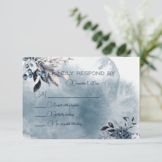 Blue Winterberries Wedding Response Card (Standing Front)