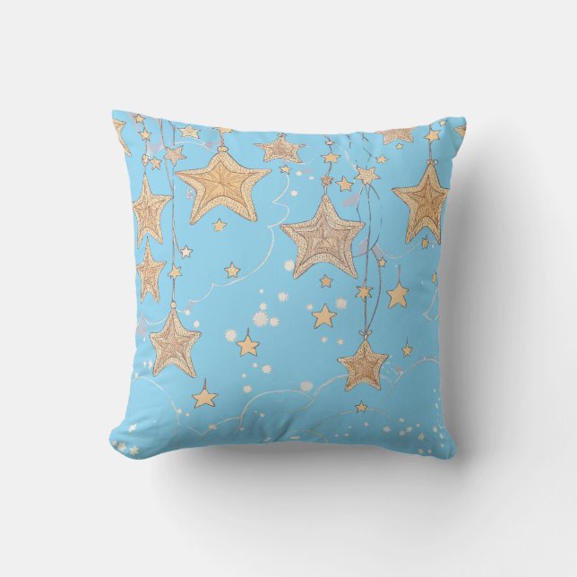 Blue Wish Star Throw Pillow | Sky & Gold Starry Cu (Front)