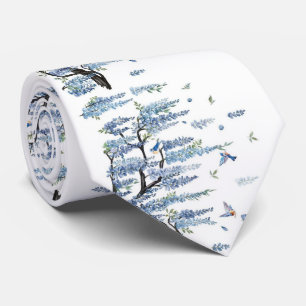 Blue Wisteria & Songbird Watercolor White Men's Tie