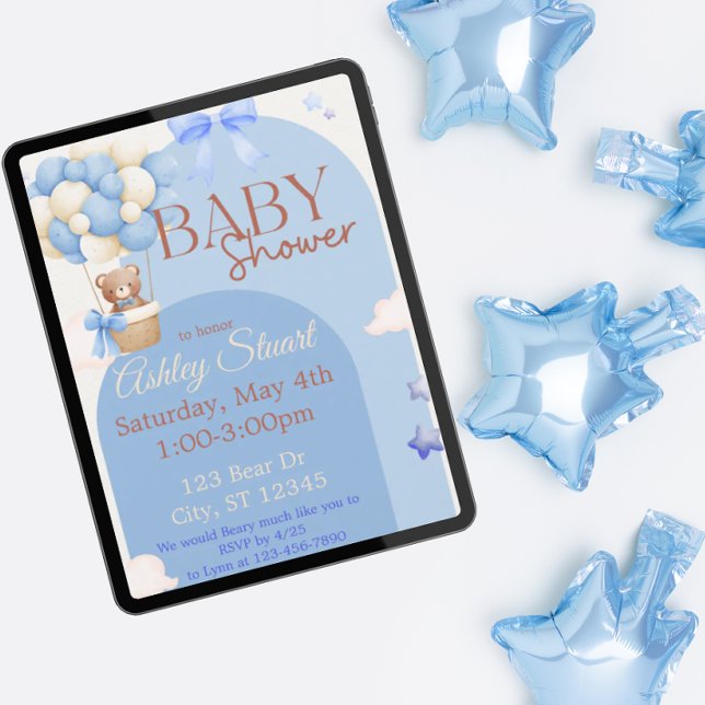 Blue with a Bear in a hot air balloon baby shower Invitation (Creator Uploaded)