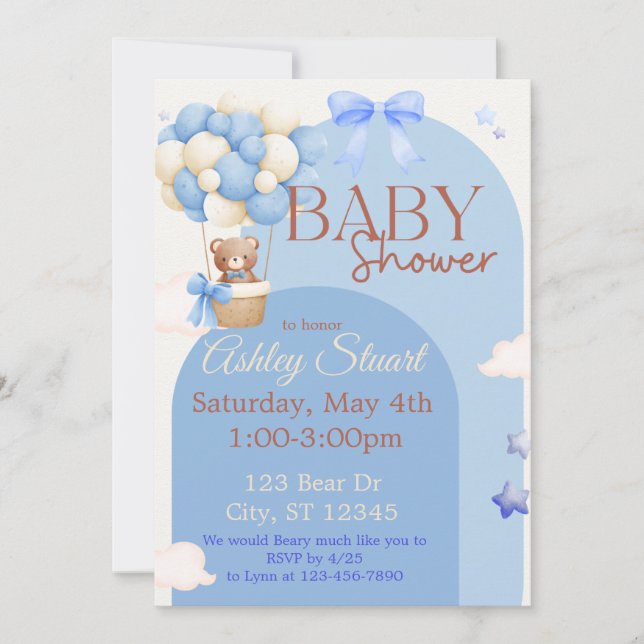 Blue with a Bear in a hot air balloon baby shower Invitation (Front)