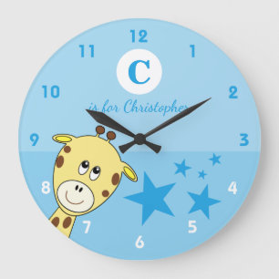 Blue with a cute giraffe stars baby name large clock