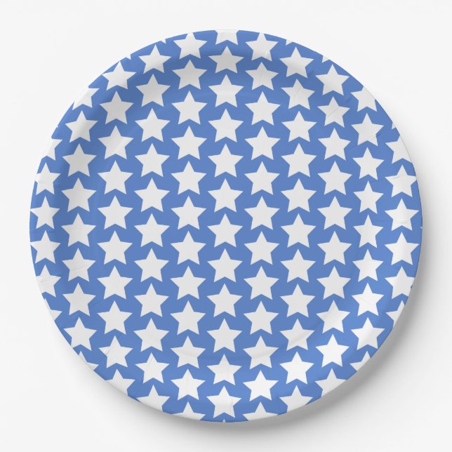Blue with a White Stars Pattern Paper Plate (Front)