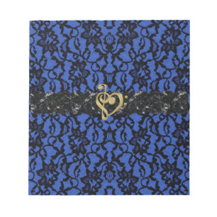 Blue with Black Lace and Gold Music Heart Notepad