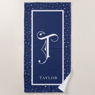 Blue with ColoredDots Decorative Scroll Monogram  Beach Towel