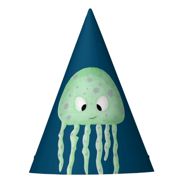 Blue with Cute Turquoise Jellyfish Birthday Party Hat (Front)