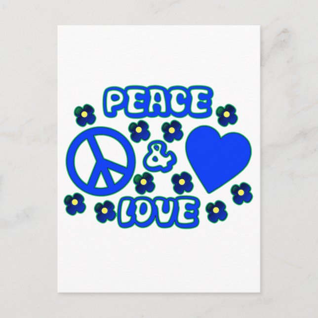 Blue with Flowers Peace and Love Design Postcard (Front)