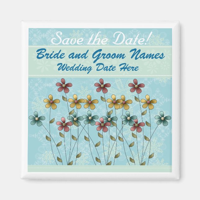 Blue with Flowers Save the Date Magnet (Front)