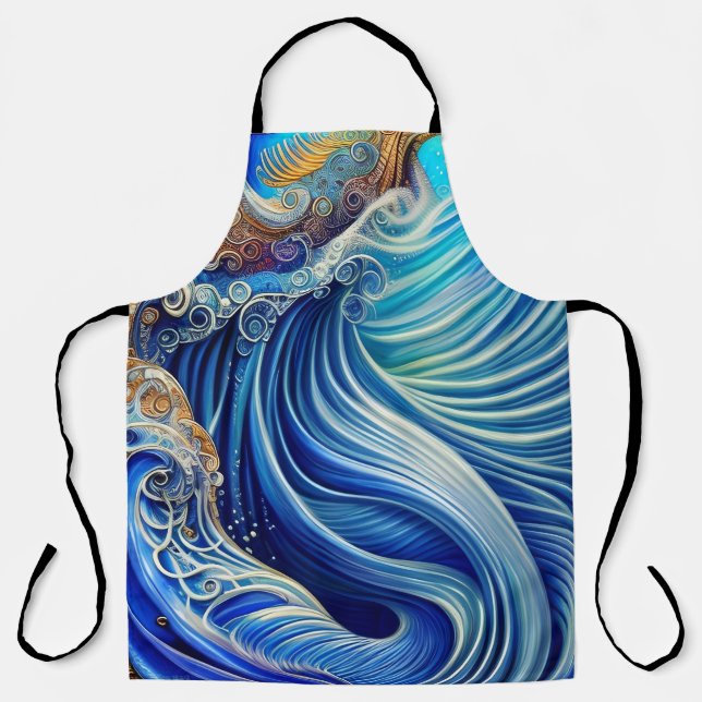 Blue with Gold Abstract Ocean Waves Artwork Apron (Front)