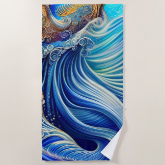 Blue with Gold Abstract Ocean Waves Artwork  Beach Towel